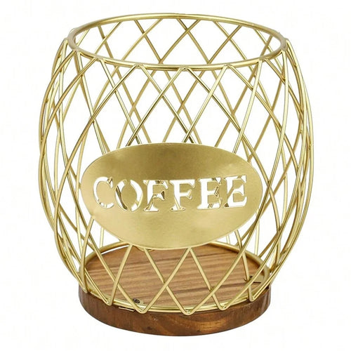 Letter Design Coffee Capsule Holder Hollow Iron Rack Snacks Candy Metal Storage Basket - Gold / Coffee - 1