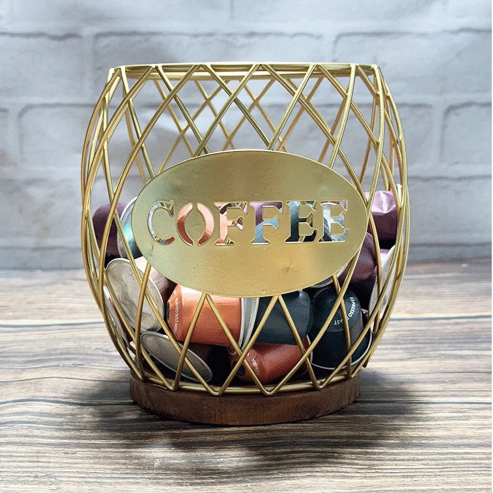 Letter Design Coffee Capsule Holder Hollow Iron Rack Snacks Candy Metal Storage Basket - Gold / Coffee - 2