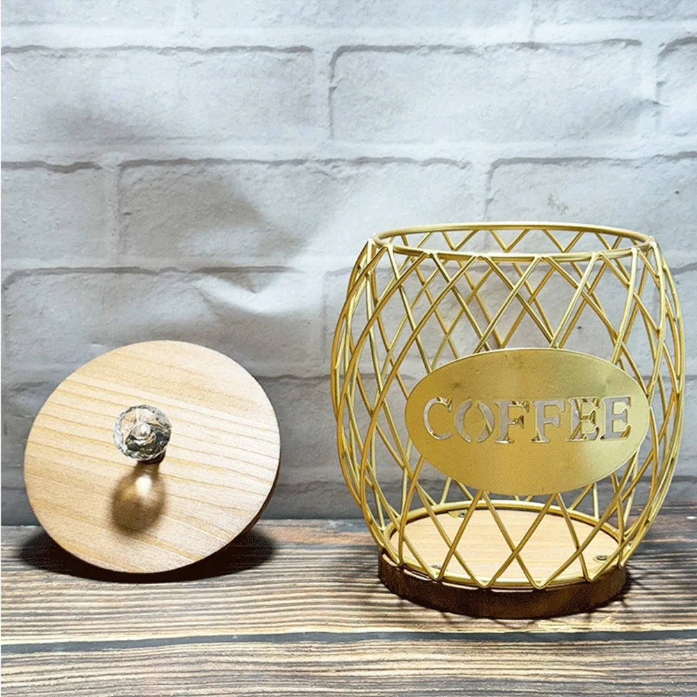 Letter Design Coffee Capsule Holder Hollow Iron Rack Snacks Candy Metal Storage Basket - Gold / Coffee - 3