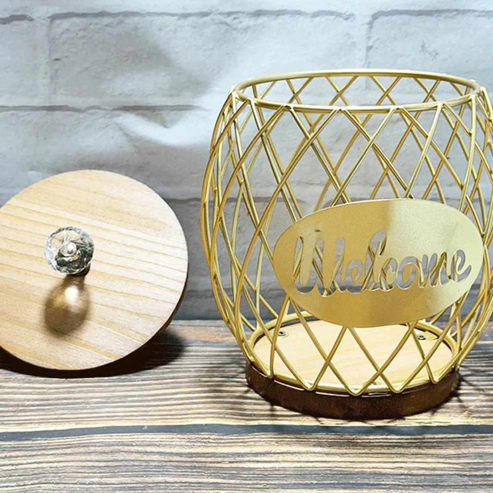 Letter Design Coffee Capsule Holder Hollow Iron Rack Snacks Candy Metal Storage Basket - Gold / Coffee - 5