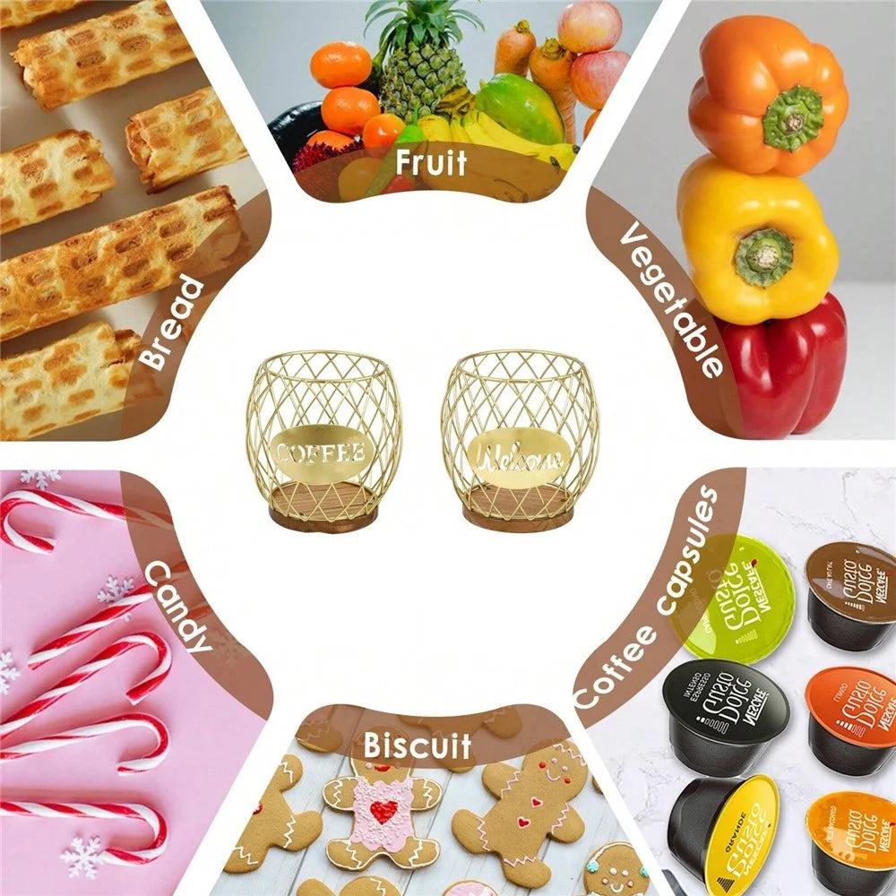 Letter Design Coffee Capsule Holder Hollow Iron Rack Snacks Candy Metal Storage Basket - Gold / Coffee - 6