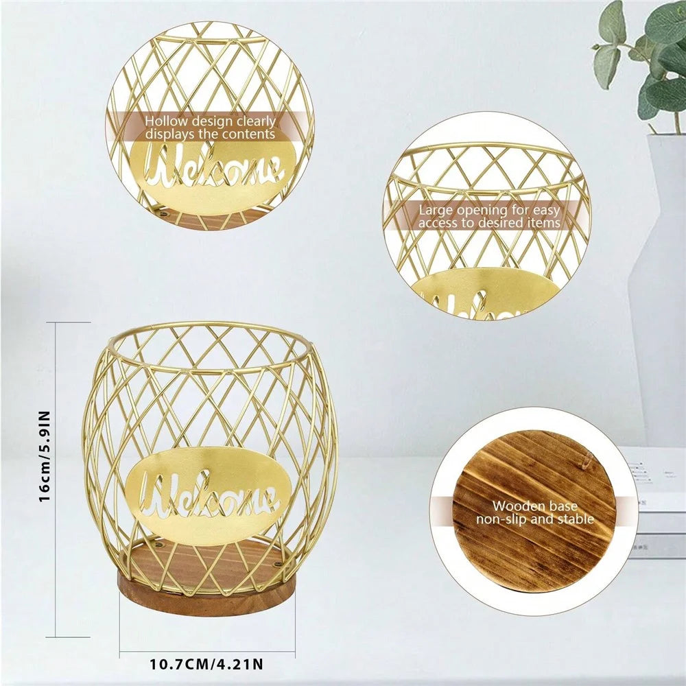 Letter Design Coffee Capsule Holder Hollow Iron Rack Snacks Candy Metal Storage Basket - Gold / Coffee - 7