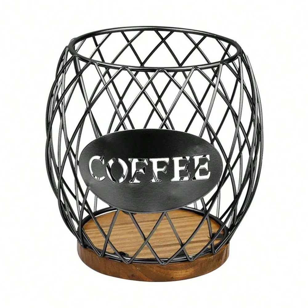 Letter Design Coffee Capsule Holder Hollow Iron Rack Snacks Candy Metal Storage Basket - Black / Coffee - 1
