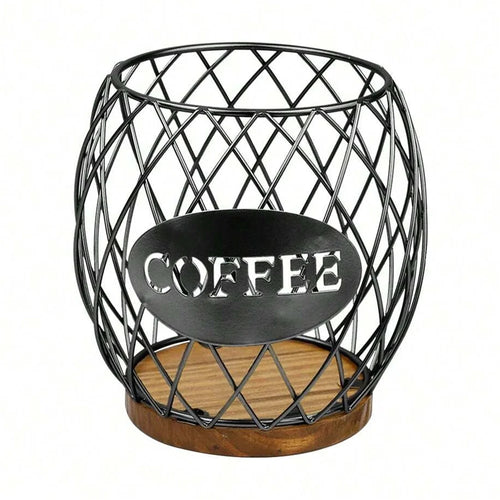Letter Design Coffee Capsule Holder Hollow Iron Rack Snacks Candy Metal Storage Basket - Black / Coffee - 1