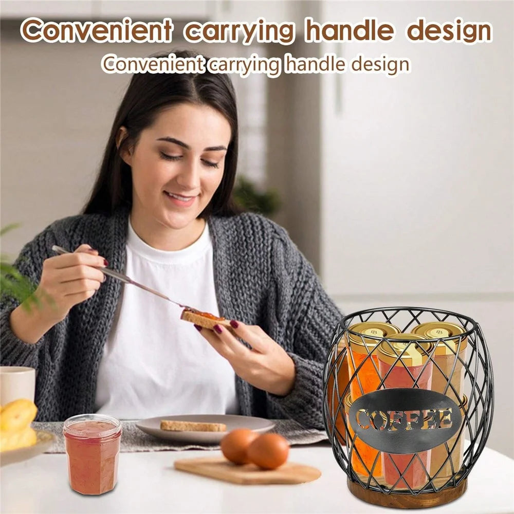 Letter Design Coffee Capsule Holder Hollow Iron Rack Snacks Candy Metal Storage Basket - Black / Coffee - 2