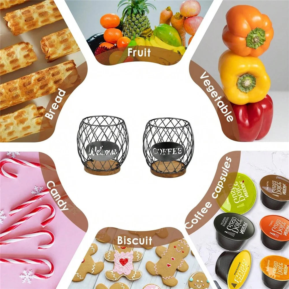 Letter Design Coffee Capsule Holder Hollow Iron Rack Snacks Candy Metal Storage Basket - Black / Coffee - 4