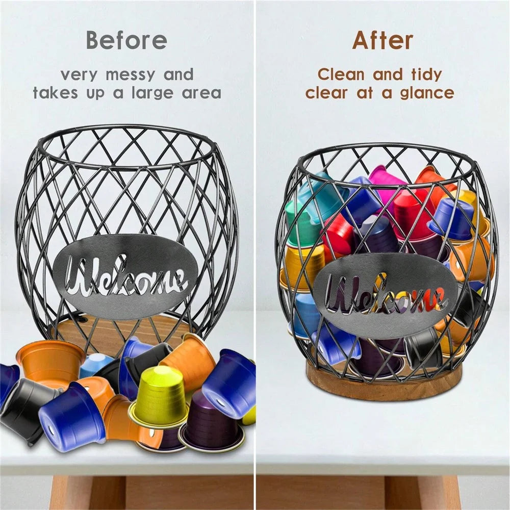 Letter Design Coffee Capsule Holder Hollow Iron Rack Snacks Candy Metal Storage Basket - Black / Coffee - 6