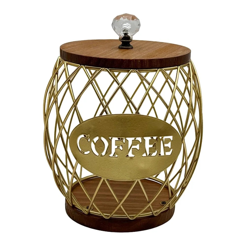 Iron and Wood Coffee Capsule Storage Rack with Crystal Lid and Gold Pineapple Design - COFFEE - 1