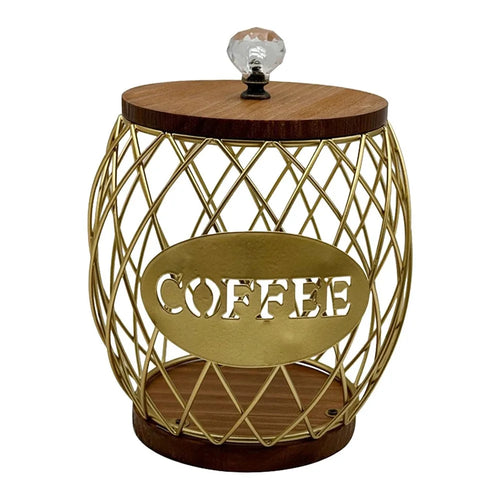 Iron and Wood Coffee Capsule Storage Rack with Crystal Lid and Gold Pineapple Design - COFFEE - 1
