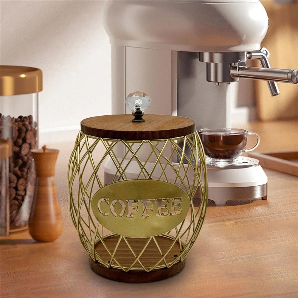 Iron and Wood Coffee Capsule Storage Rack with Crystal Lid and Gold Pineapple Design - COFFEE - 3