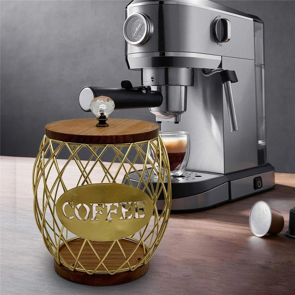 Iron and Wood Coffee Capsule Storage Rack with Crystal Lid and Gold Pineapple Design - COFFEE - 4