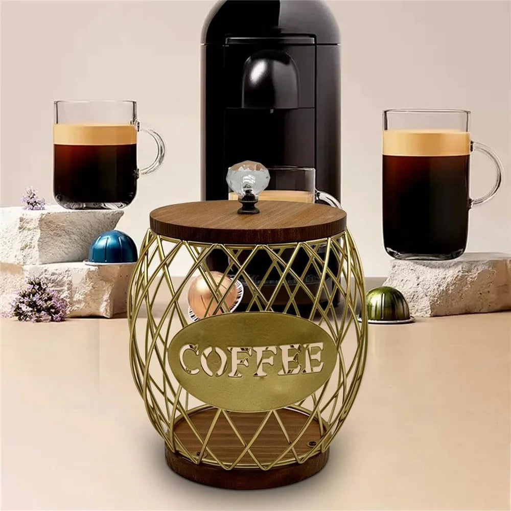 Iron and Wood Coffee Capsule Storage Rack with Crystal Lid and Gold Pineapple Design - COFFEE - 5
