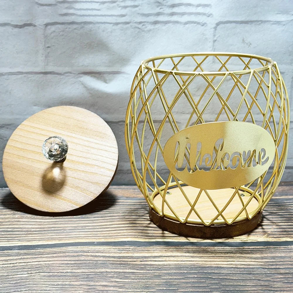 Iron and Wood Coffee Capsule Storage Rack with Crystal Lid and Gold Pineapple Design - COFFEE - 6