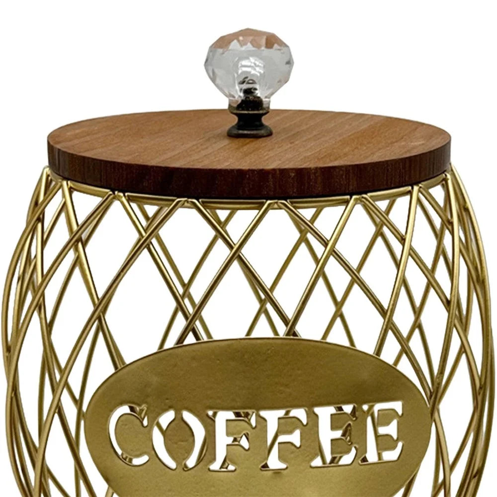 Iron and Wood Coffee Capsule Storage Rack with Crystal Lid and Gold Pineapple Design - COFFEE - 7