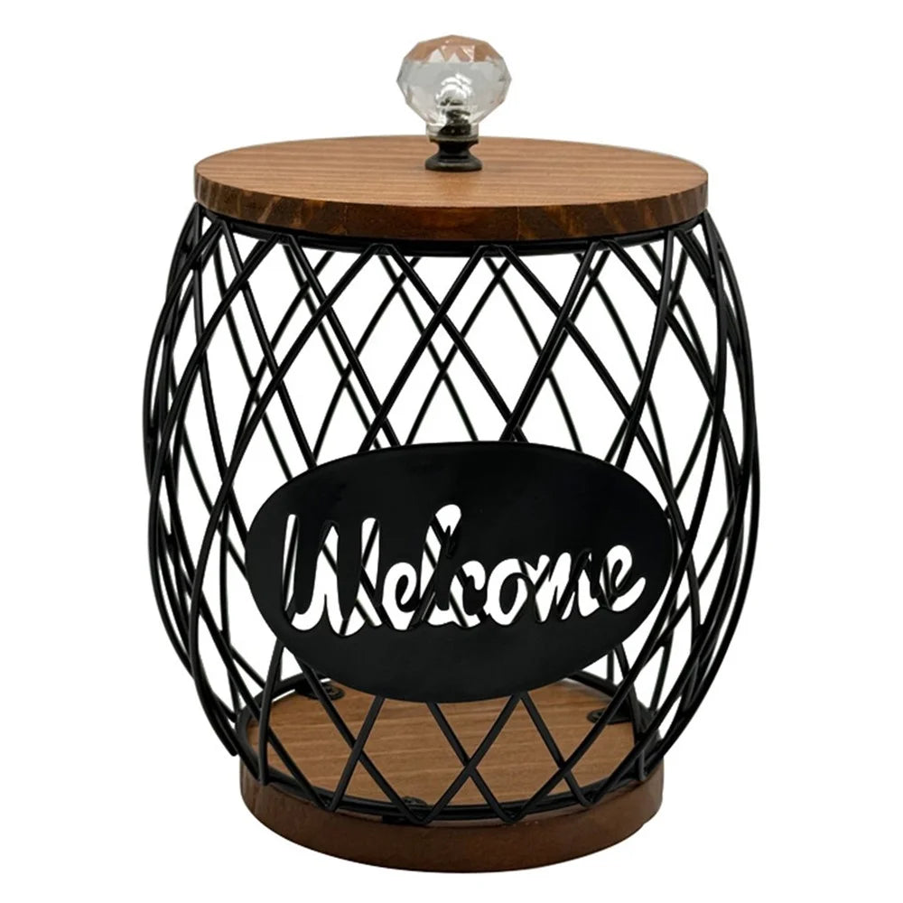 Iron and Wood Coffee Capsule Storage Rack with Crystal Lid and Black Pineapple Design - Welcome - 1