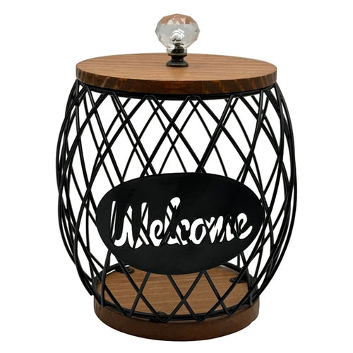 Iron and Wood Coffee Capsule Storage Rack with Crystal Lid and Black Pineapple Design - Welcome - 1
