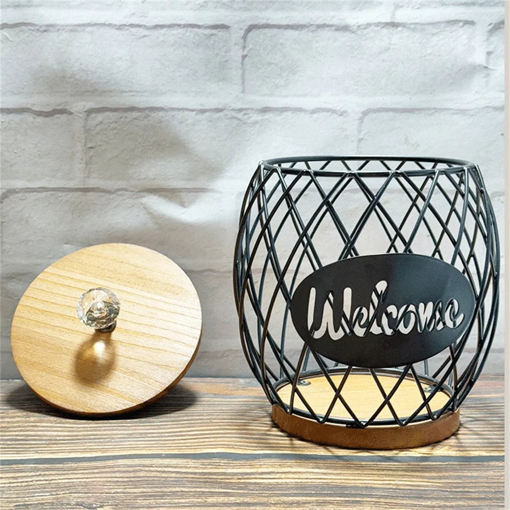 Iron and Wood Coffee Capsule Storage Rack with Crystal Lid and Black Pineapple Design - Welcome - 5