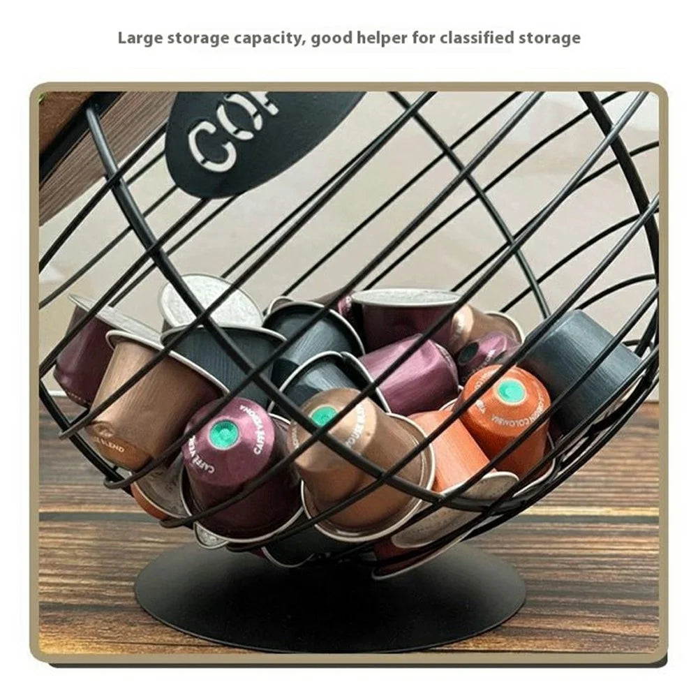 Oblique Fruit Basket Iron Art Hollow Out Coffee Capsule Snacks Storage Basket, Black / COFFEE Letter - 2