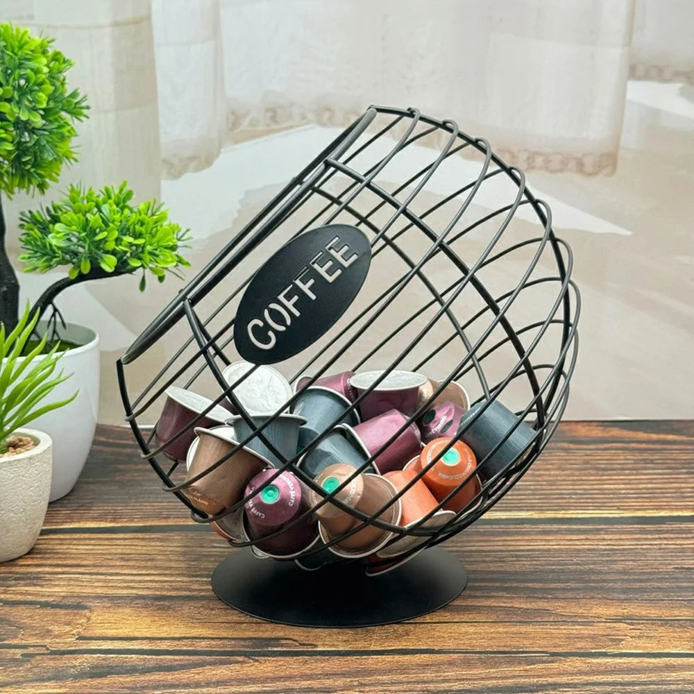 Oblique Fruit Basket Iron Art Hollow Out Coffee Capsule Snacks Storage Basket, Black / COFFEE Letter - 4