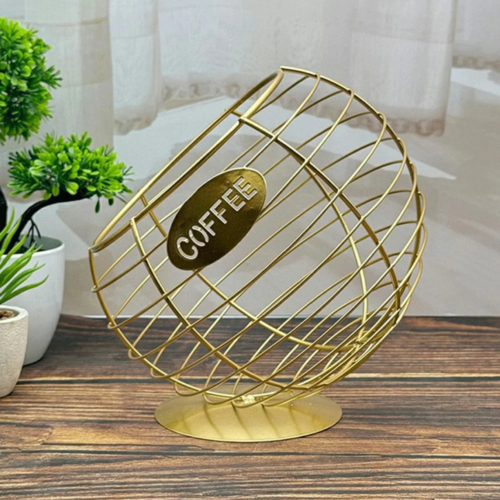 Oblique Fruit Basket Iron Art Hollow Out Coffee Capsule Snacks Storage Basket, Gold / COFFEE Letter - 2