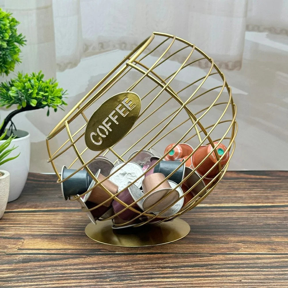 Oblique Fruit Basket Iron Art Hollow Out Coffee Capsule Snacks Storage Basket, Gold / COFFEE Letter - 3