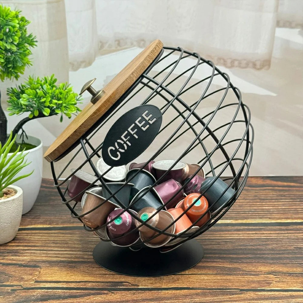 Fruit Basket Iron Art Coffee Capsule Snacks Storage Oblique Basket with Lid, Black / COFFEE Letter - 4