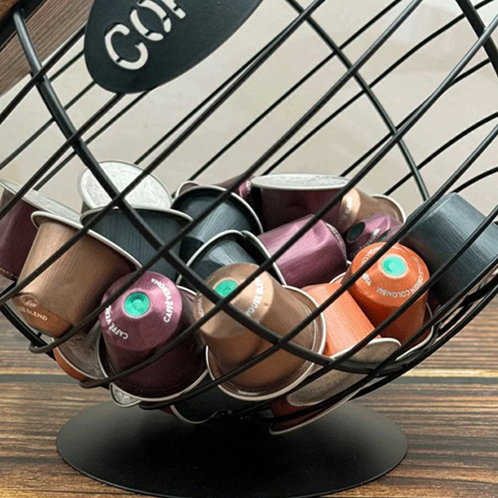 Fruit Basket Iron Art Coffee Capsule Snacks Storage Oblique Basket with Lid, Black / COFFEE Letter - 5