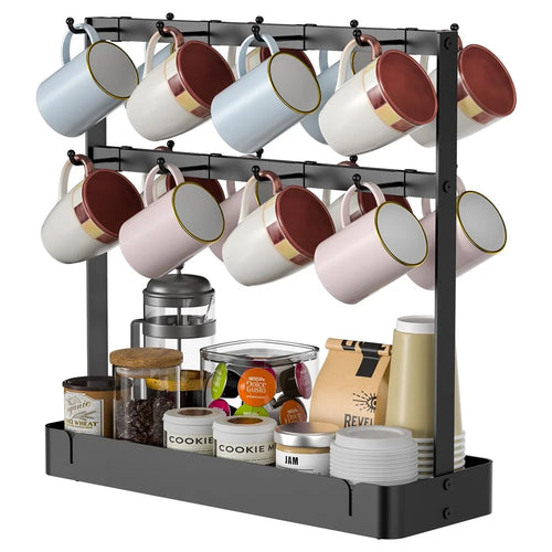 Movable 16 Hooks Cup Holder Carbon Steel Kitchen Counter Coffee Mug Organizer Rack with Draining Basket - 1