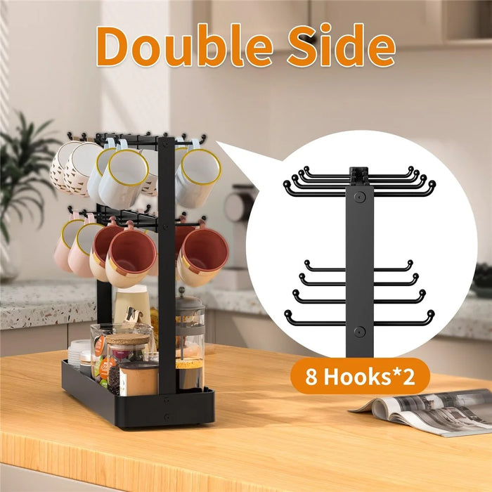Movable 16 Hooks Cup Holder Carbon Steel Kitchen Counter Coffee Mug Organizer Rack with Draining Basket - 2