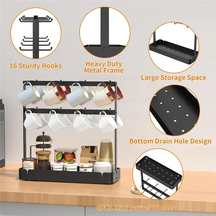 Movable 16 Hooks Cup Holder Carbon Steel Kitchen Counter Coffee Mug Organizer Rack with Draining Basket - 3