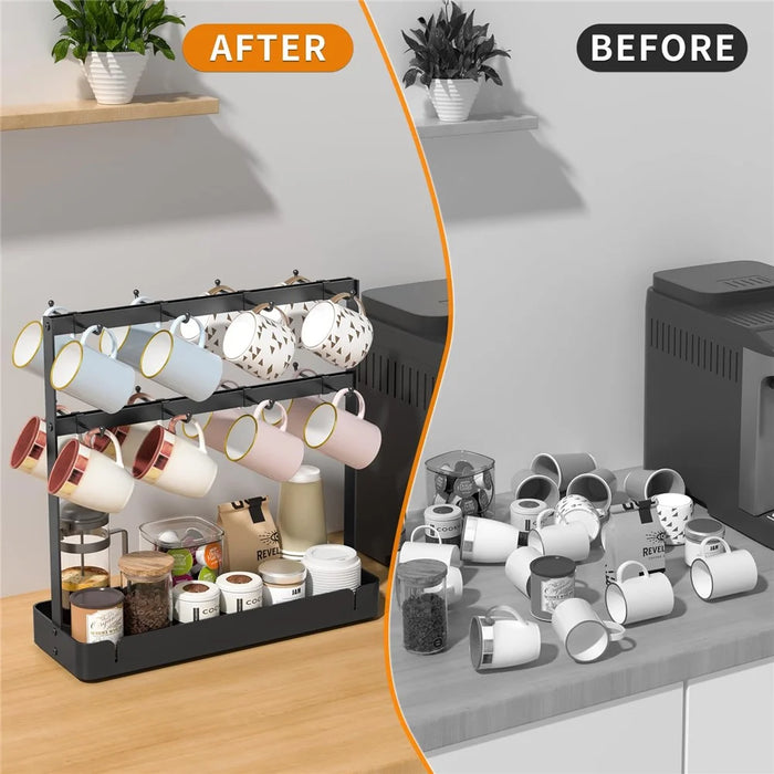 Movable 16 Hooks Cup Holder Carbon Steel Kitchen Counter Coffee Mug Organizer Rack with Draining Basket - 4