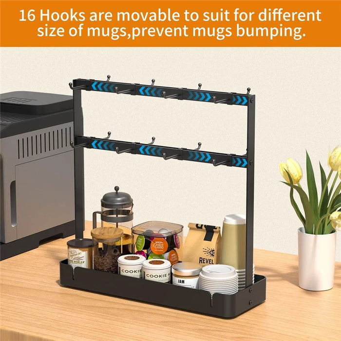 Movable 16 Hooks Cup Holder Carbon Steel Kitchen Counter Coffee Mug Organizer Rack with Draining Basket - 5