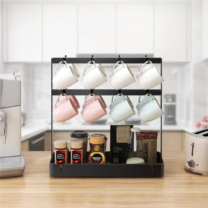 Movable 16 Hooks Cup Holder Carbon Steel Kitchen Counter Coffee Mug Organizer Rack with Draining Basket - 7