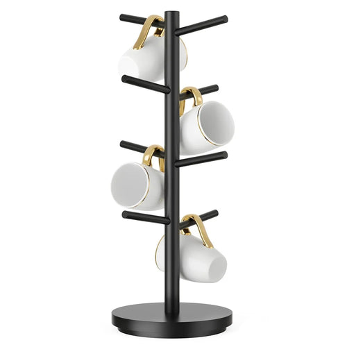 Wooden Coffee Mug Tree Shape Holder 360 Degree Rotating 8 Hooks Cup Organizer Display Stand - Black - 1