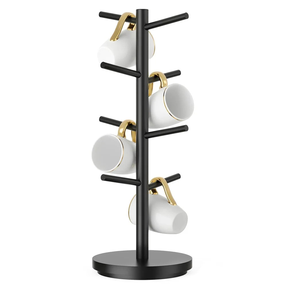 Wooden Coffee Mug Tree Shape Holder 360 Degree Rotating 8 Hooks Cup Organizer Display Stand - Black - 1