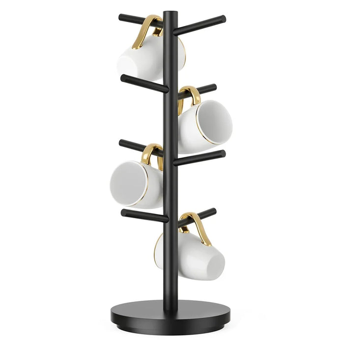 Wooden Coffee Mug Tree Shape Holder 360 Degree Rotating 8 Hooks Cup Organizer Display Stand - Black - 1