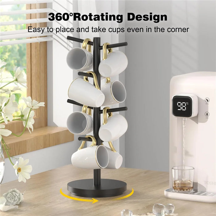 Wooden Coffee Mug Tree Shape Holder 360 Degree Rotating 8 Hooks Cup Organizer Display Stand - Black - 2