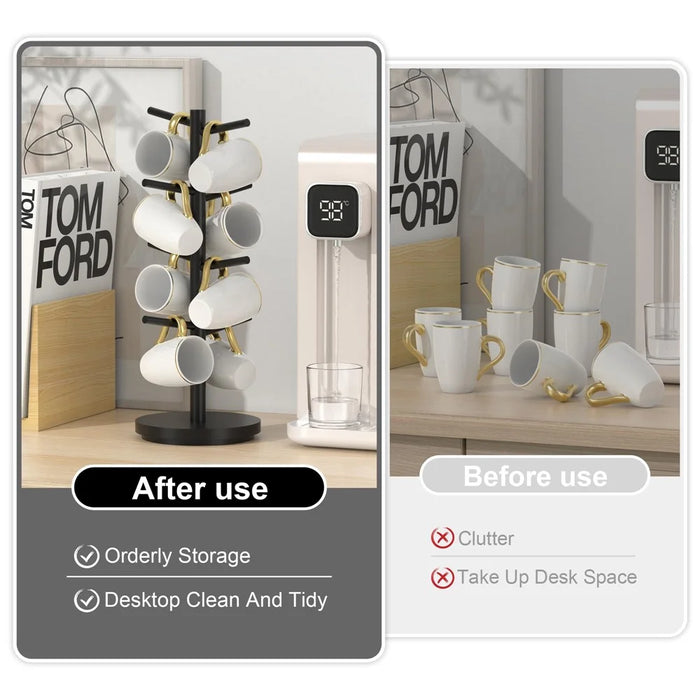 Wooden Coffee Mug Tree Shape Holder 360 Degree Rotating 8 Hooks Cup Organizer Display Stand - Black - 3