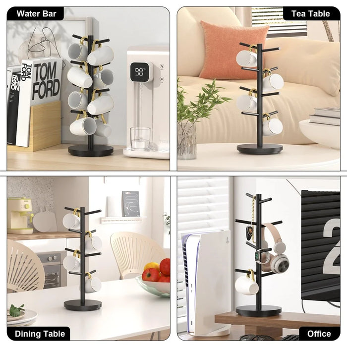 Wooden Coffee Mug Tree Shape Holder 360 Degree Rotating 8 Hooks Cup Organizer Display Stand - Black - 4