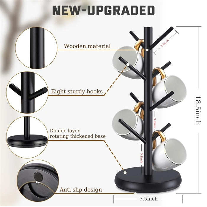 Wooden Coffee Mug Tree Shape Holder 360 Degree Rotating 8 Hooks Cup Organizer Display Stand - Black - 5