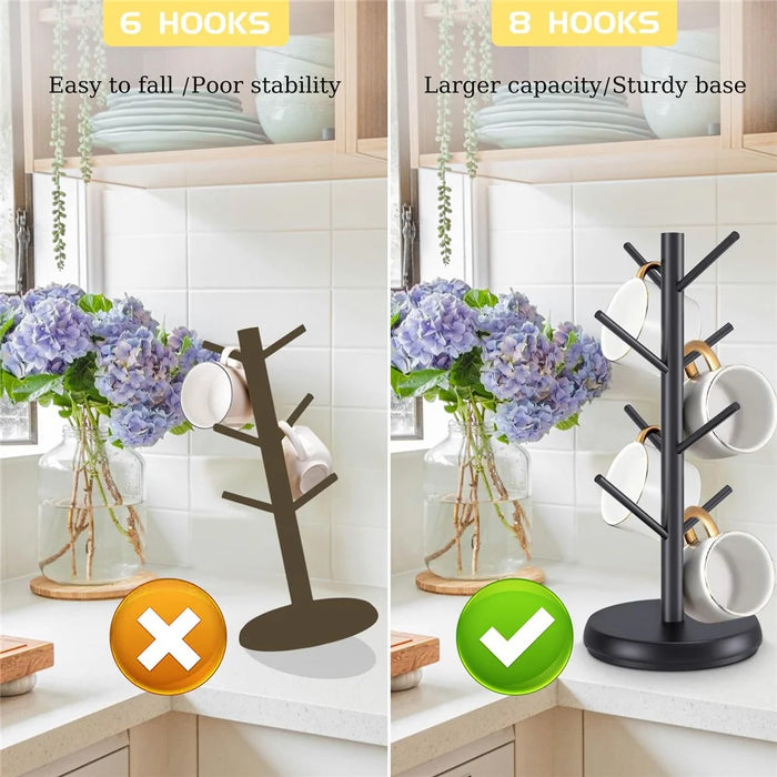 Wooden Coffee Mug Tree Shape Holder 360 Degree Rotating 8 Hooks Cup Organizer Display Stand - Black - 6