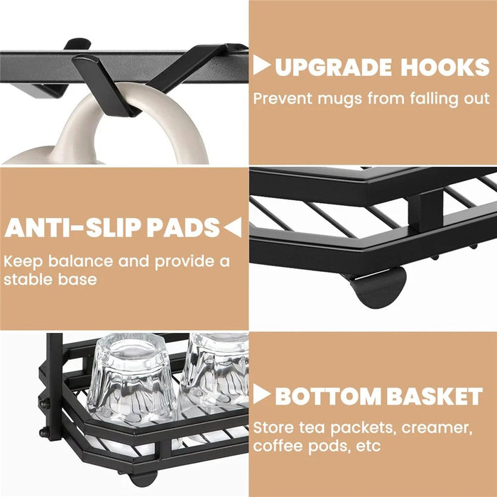 Coffee Mug Holder Rack 3-Tier Iron Storage Organizer Kitchen Counter Cup Hanging Stand - 3