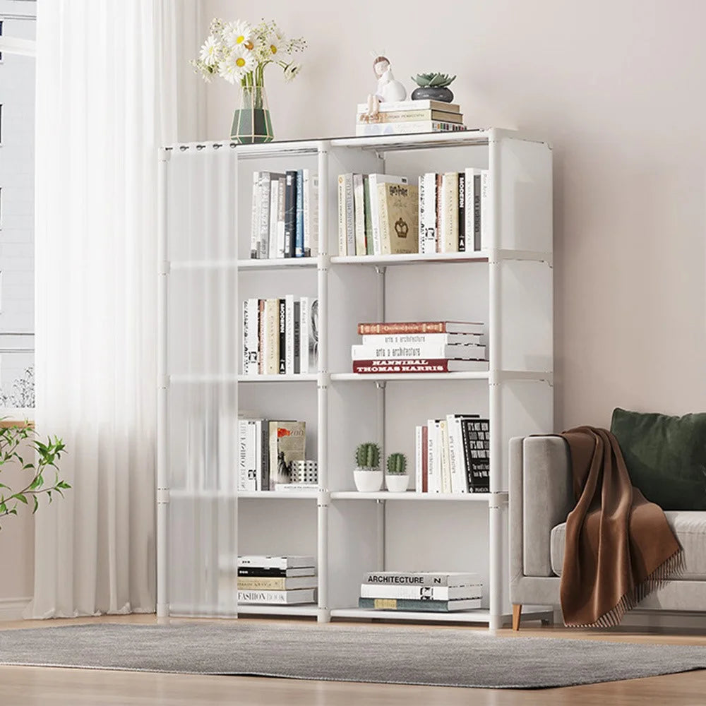 5 Layers Double Row Storage Rack for Kids Room Living Room Dust Proof Bookshelf with Curtain - White - 1