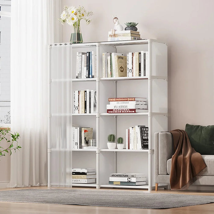 5 Layers Double Row Storage Rack for Kids Room Living Room Dust Proof Bookshelf with Curtain - White - 1
