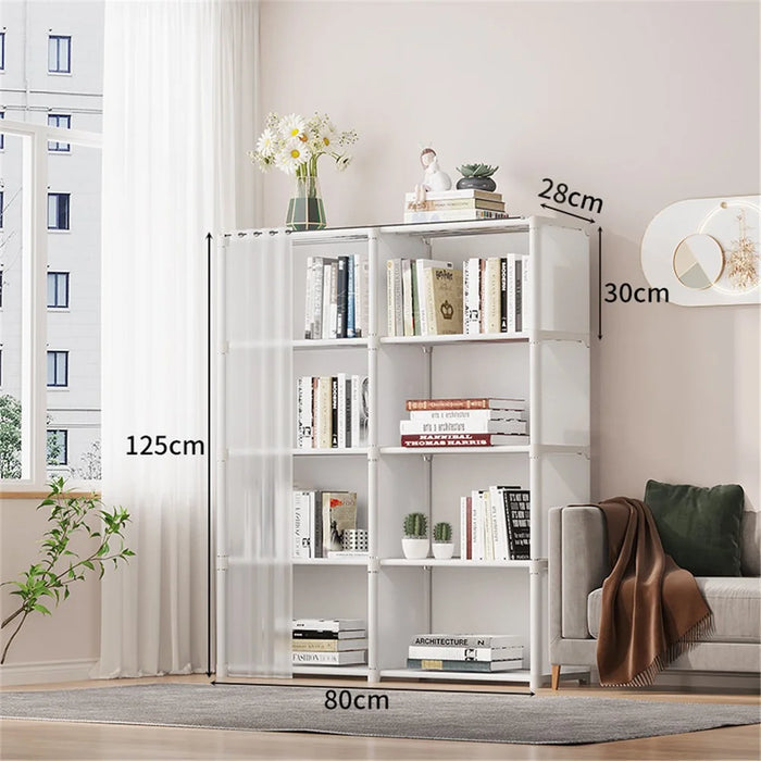 5 Layers Double Row Storage Rack for Kids Room Living Room Dust Proof Bookshelf with Curtain - White - 2