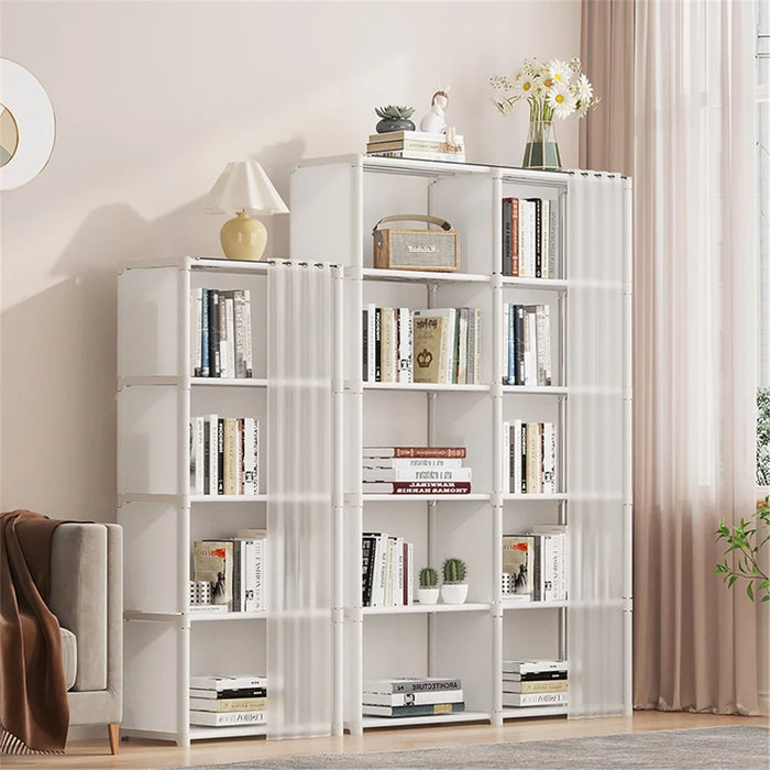5 Layers Double Row Storage Rack for Kids Room Living Room Dust Proof Bookshelf with Curtain - White - 5