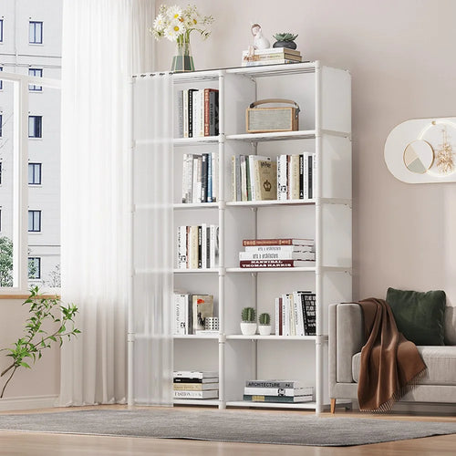 6 Layers Double Row Storage Rack for Kids Room Living Room Dust Proof Bookshelf with Curtain - White - 1