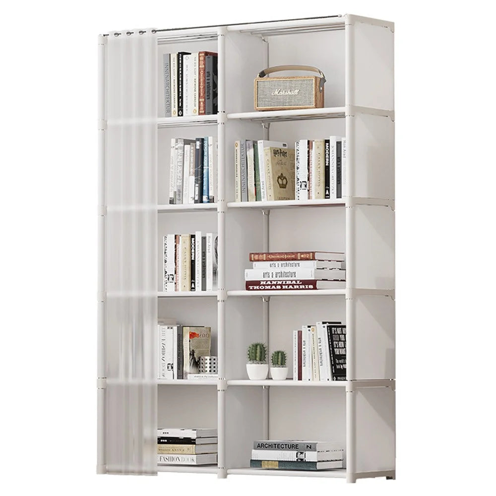 6 Layers Double Row Storage Rack for Kids Room Living Room Dust Proof Bookshelf with Curtain - White - 2