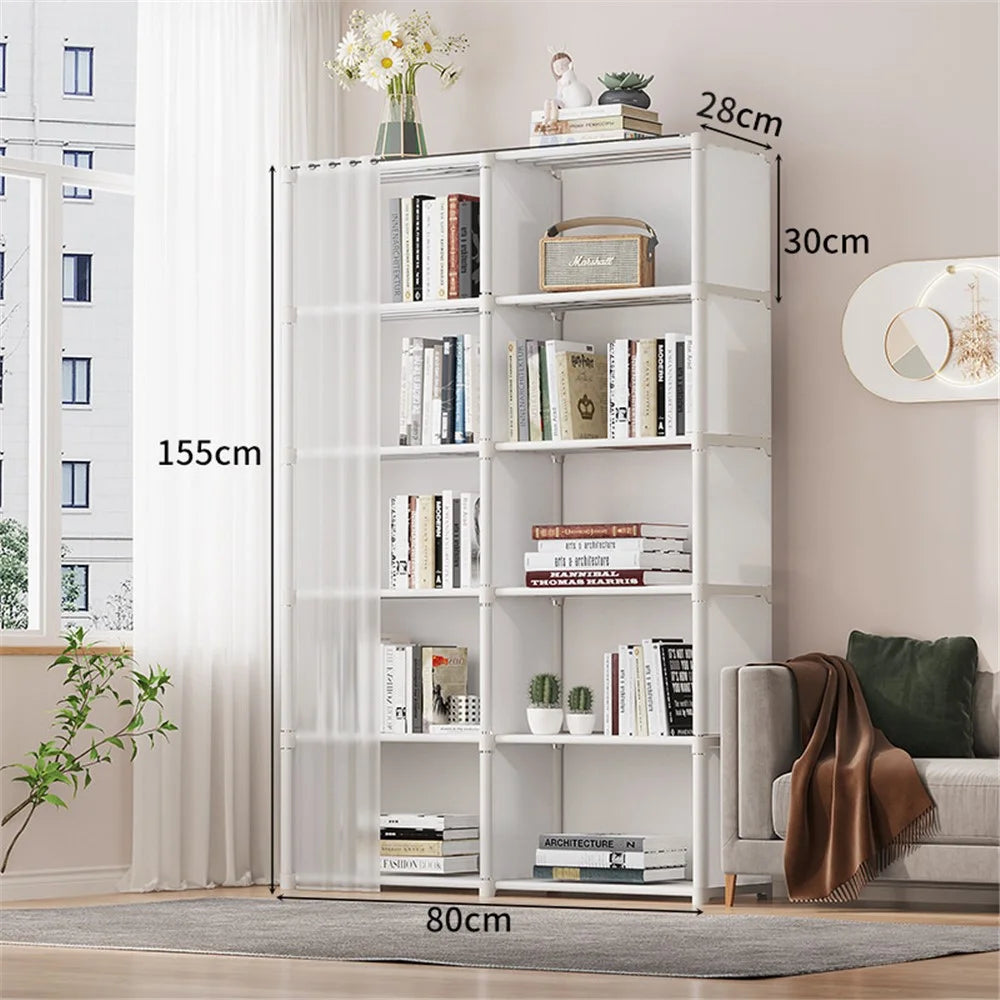 6 Layers Double Row Storage Rack for Kids Room Living Room Dust Proof Bookshelf with Curtain - White - 3