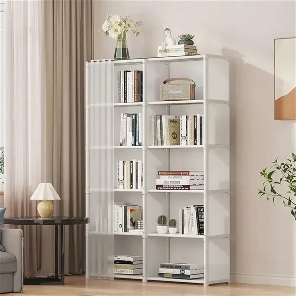 6 Layers Double Row Storage Rack for Kids Room Living Room Dust Proof Bookshelf with Curtain - White - 6